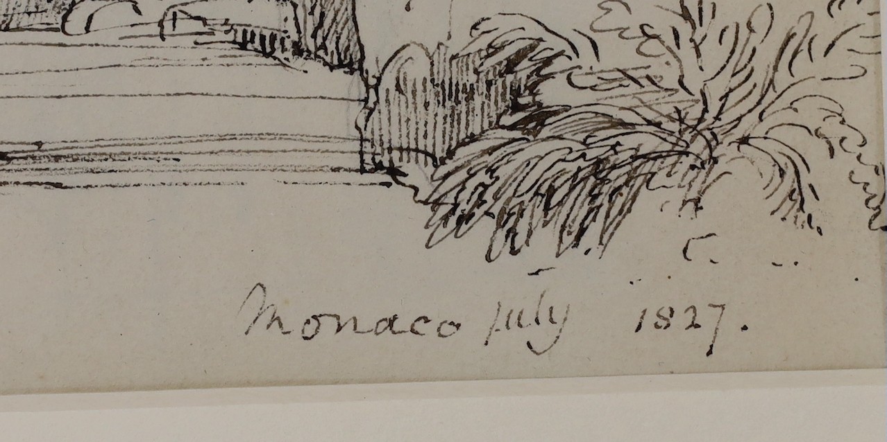 Robert Henry Cheney (1801-1866), pen, ink and pencil, 'Monaco July 1827', 20 x 32cm, unframed